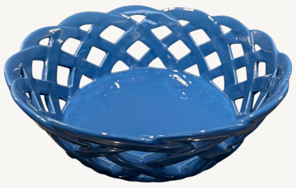 Temp-tations by Tara Blue Ceramic Woven Lattice Bread Serving Basket 9.75"